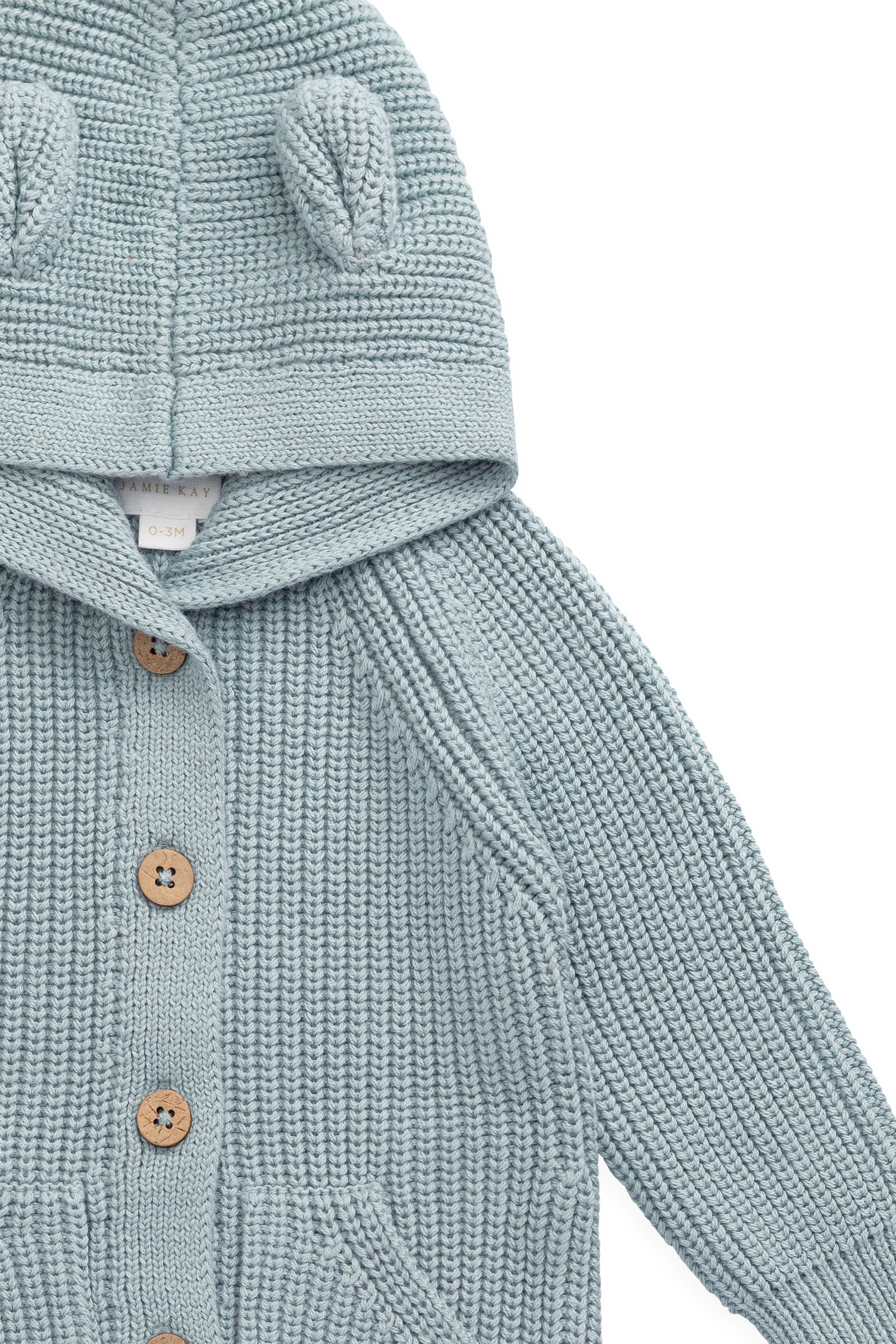 Grenouillère en tricot de coton bleu clair ludique avec capuche oreilles d'ours, boutons sur le devant et poches avant pour bébé automne-hiver (0-3 ans)