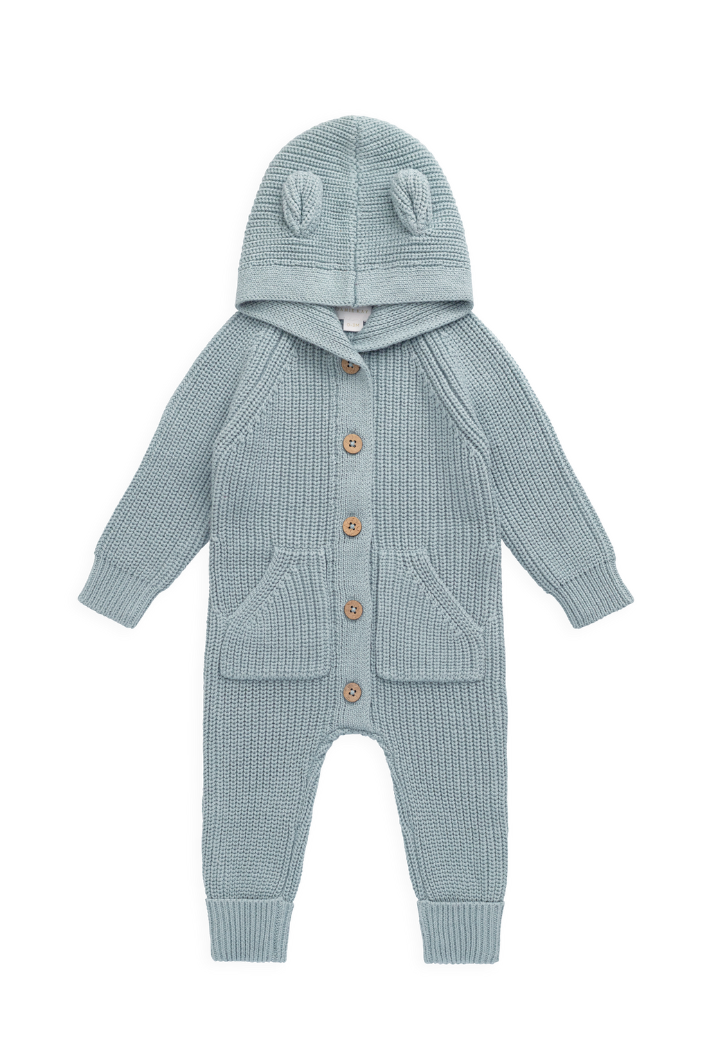 Grenouillère en tricot de coton bleu clair ludique avec capuche oreilles d'ours, boutons sur le devant et poches avant pour bébé automne-hiver (0-3 ans)