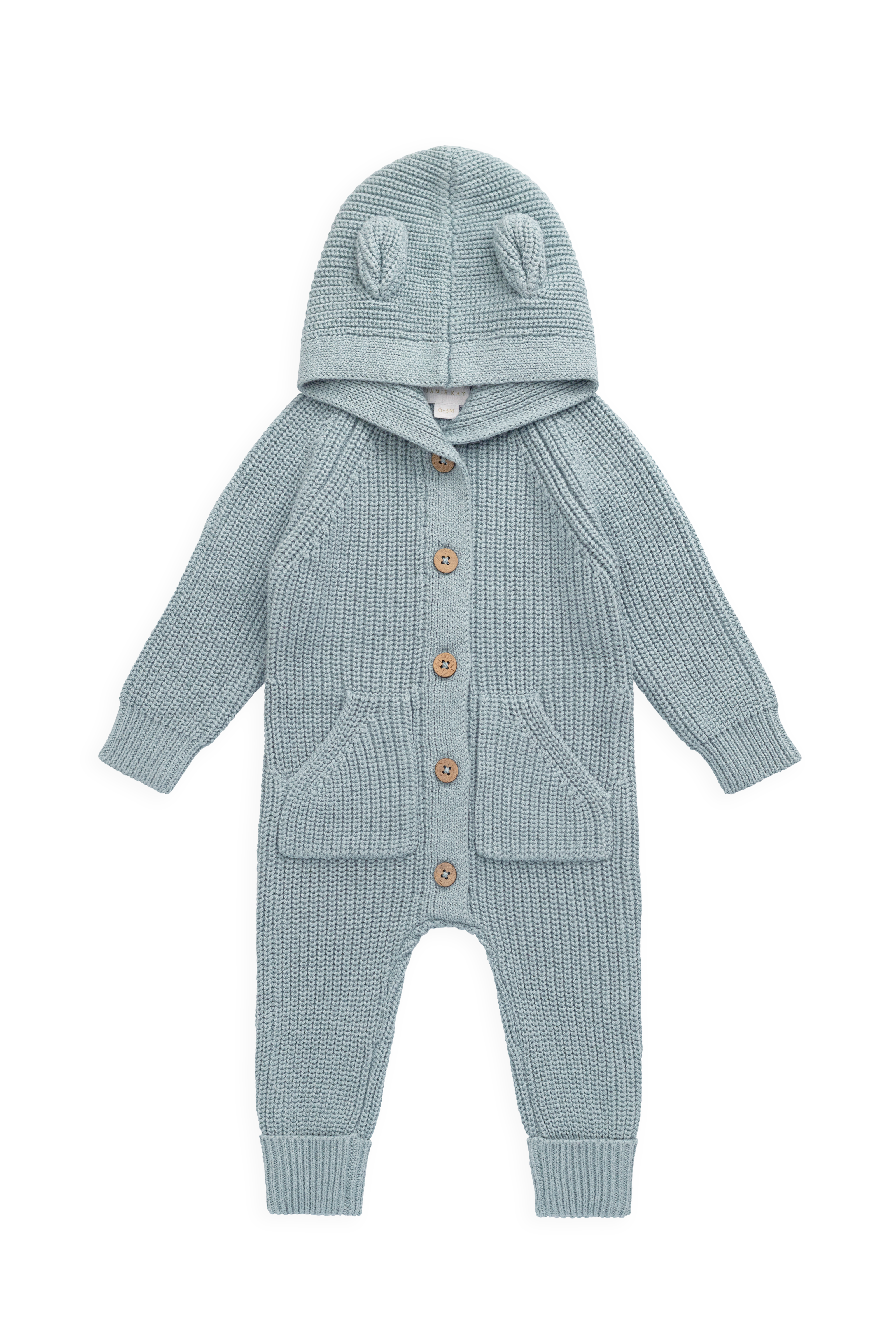 Grenouillère en tricot de coton bleu clair ludique avec capuche oreilles d'ours, boutons sur le devant et poches avant pour bébé automne-hiver (0-3 ans)