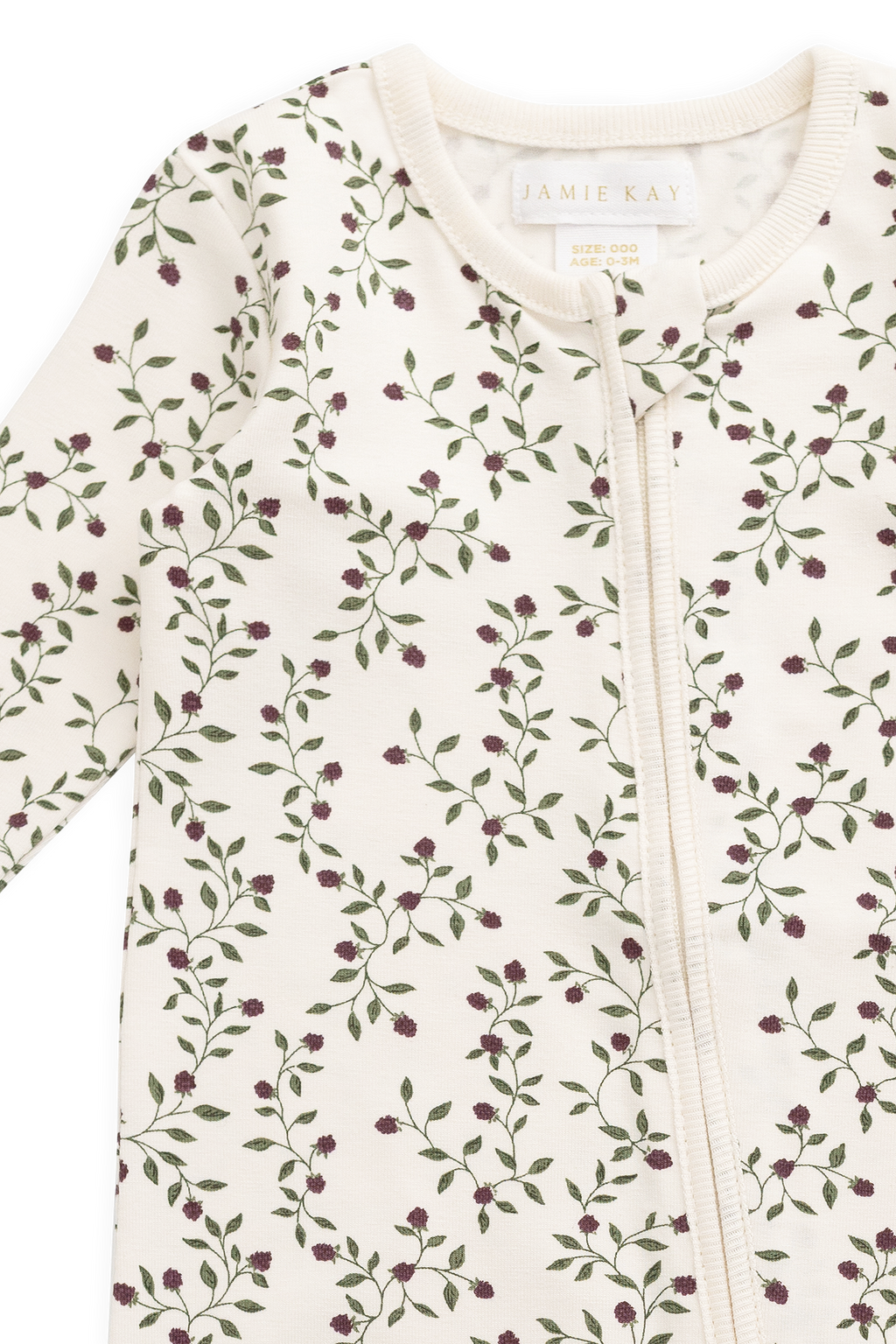 Combinaison Bébé en Coton Bio-Élasthanne Crème Botanique Mûrier Floral avec Zip Avant et Poignets Côtelés pour Dormir et Jouer (0-3A)