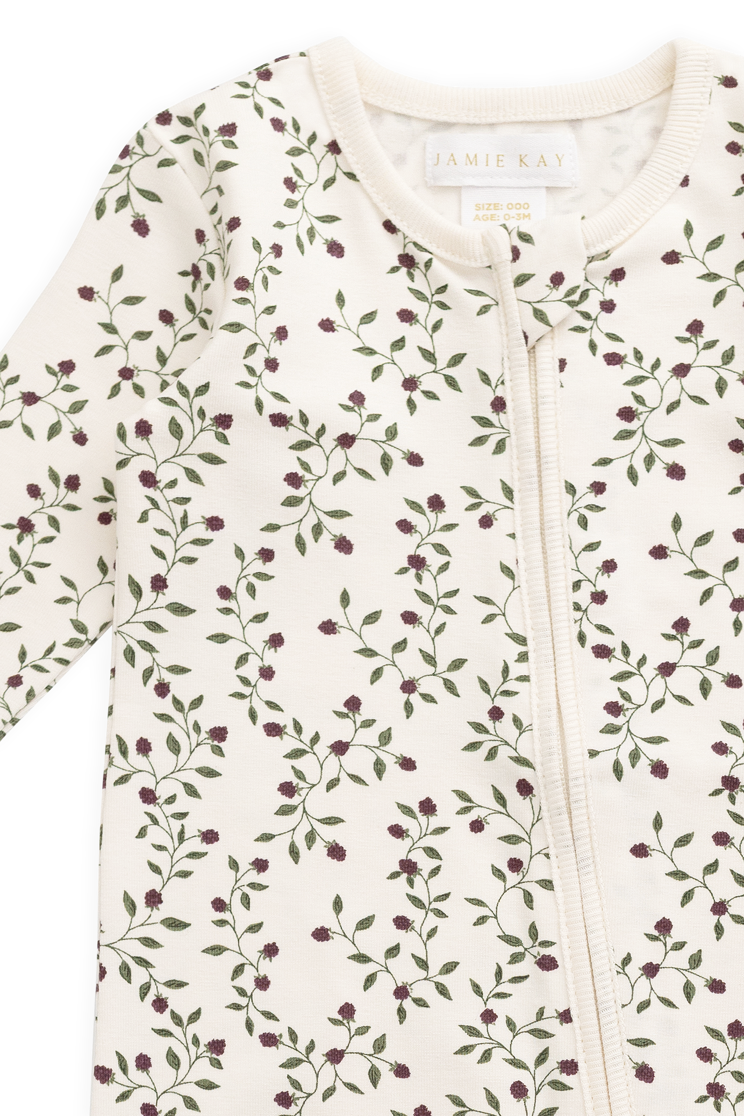 Combinaison Bébé en Coton Bio-Élasthanne Crème Botanique Mûrier Floral avec Zip Avant et Poignets Côtelés pour Dormir et Jouer (0-3A)